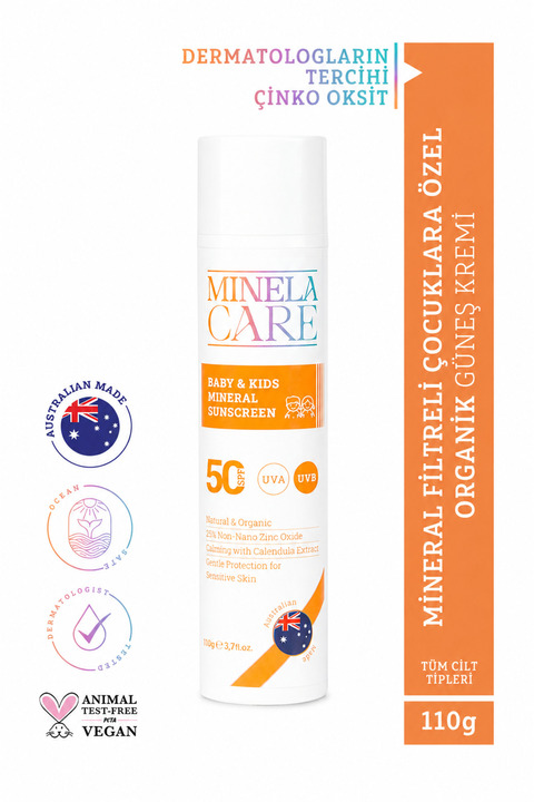 Minelacare Organik Mineral Filtreli Bebek ve Çocuk Güneş Kremi SPF 50 110 g %25 Non-Nano Çinko Oksit