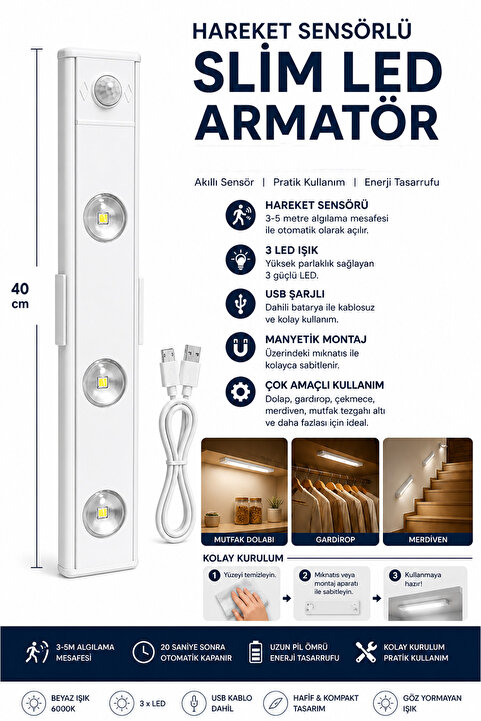 Neo Vista Slim Led Kabin Armatürü Hareket Sensörlü Dekoratif Gece Lambası Usb Şarjlı Aydınlatma 40 Cm BEYAZ 3W