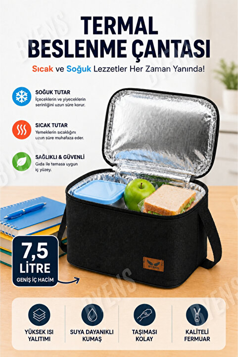 BYENS Termal Çanta Beslenme Çantası Isı Yalıtımlı Kız Erkek Çocuk Okul Yemek Taşıma Termoslu Soğutucu Soğuk Tutan Kamp Termos 7,5 Litre