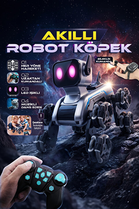 EN SİGA Uzaktan Kumandalı Akıllı Robot Köpek 8 Tekerlekli Şarjlı LED Işıklı Müzikli Dans Eden Oyuncak