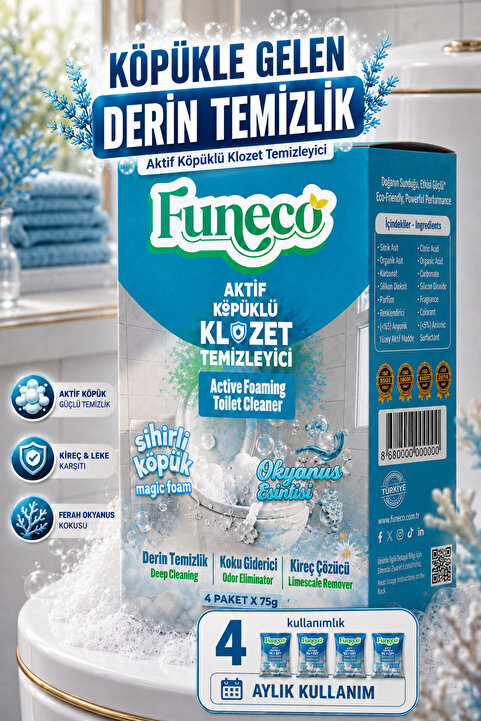 FUNECO Klozet Tuvalet WC Temizleyici, 1 Kutuda 4 Paket (300g), Aktif Köpüklü, Doğa Dostu, Okyanus