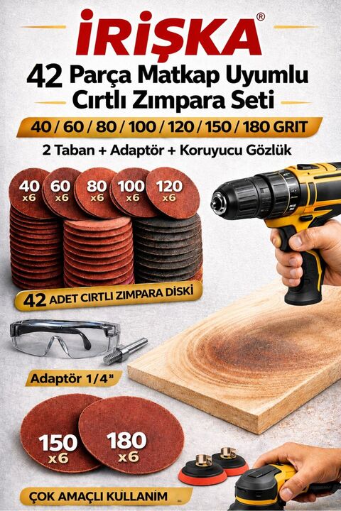 irişka Cırt Zımpara Seti Matkap Aparatı Gözlük 115 mm