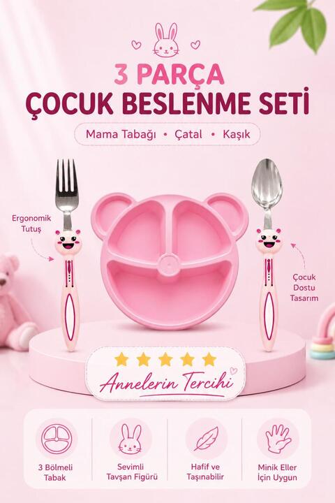 MorPort Bebek 3 Parça Tavşan Figürlü Çocuk Çatal Kaşık Ve Mama Tabağıset Bebek Tabak Çatal Kaşık Seti(pembe)