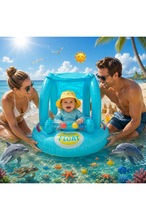 dekan toys Oyuncaklı Gölgelikli Bebek Botu, Bebek Simidi, Güneşten Koruyucu, Mavi