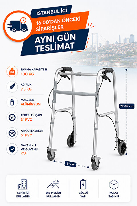Genel Markalar Tagesan Frenli 4 Tekerli Hasta Alüminyum Tekerlekli Walker Yürüteci