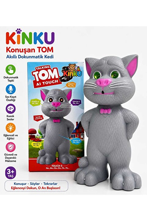 KİNKU Tom kedi konuşan kedi ses kaydeden müzikli ışıklı 23cm ses tekrarlayan konuşan