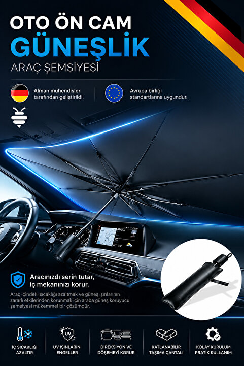 BEYZANA Araç Ön Cam Güneşliği Katlanabilir Şemsiye Oto Güneşlik UV Korumalı (Deri Saklama Kılıflı)