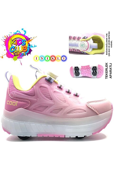 Kids Club Shoes Cool Wheel Akıllı Bağcıklı Işıklı Ortopedik Patenli Çocuk Spor Ayakkabı PUDRA