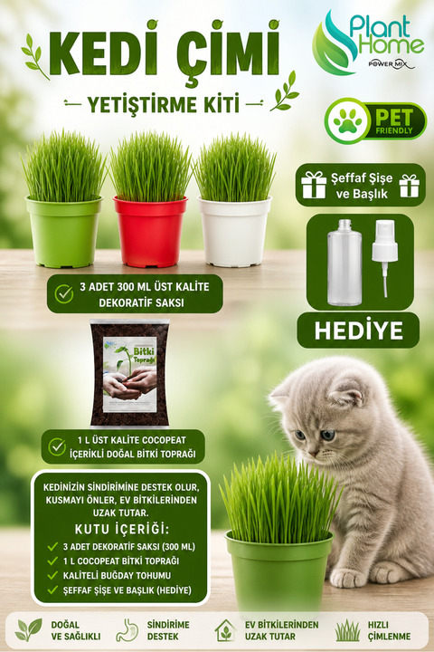 Plant Home Power Mix Kedi Çimi Yetiştirme Seti – Saksı, Cocopeat Toprak ve Buğday Tohumu | %100 Doğal 3’lü Kit