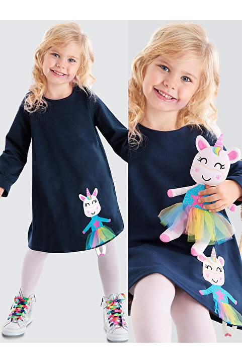 Denokids Lilycorn Lacivert Kız Çocuk Tüllü Kol Ucu Lastikli Elbise