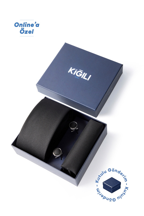Kiğılı 3'lü Desenli Kravat & Mendil & Kol Düğmesi Hediye Kutulu Set