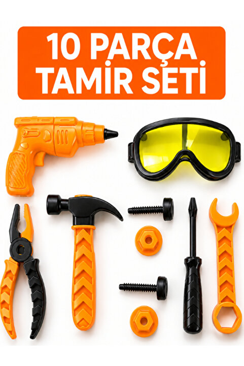 a v d a 10 parça oyuncak Tamir Seti Tamir Gözlüğü+Tornavida+Vida+Somun+İngiliz Anahtarı+Matkap+Pense+Çekiç