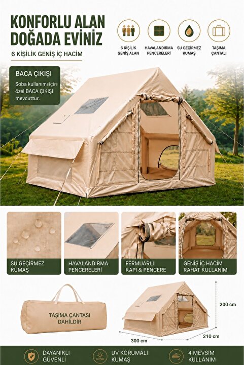 Realx 6 Kişilik 4 Mevsim Su Geçirmez Şişme Kamp Çadırı 300x210x200 Cm 300D Oxford Kumaş Bacalı&Pencereli