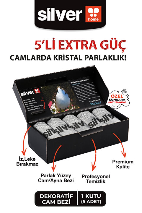 SİLVER HOME 5 Adet Mikrofiber Dekoratif Cam Bezi - Gri