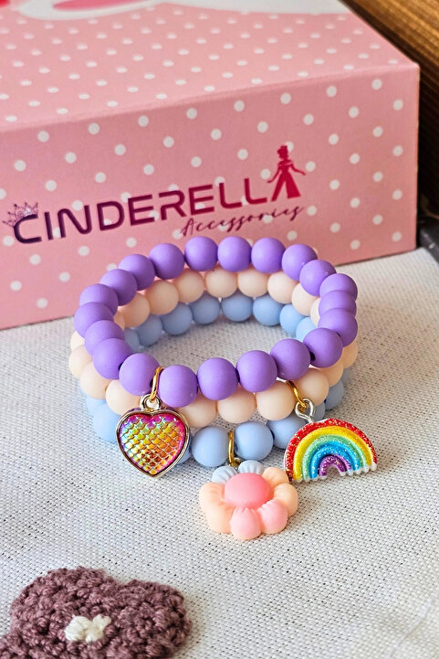 Cinderella 3'lü Degrade Kalpli Çiçekli Boncuklu Charm Kız Çocuk Bileklik Seti - Arkadaşa Doğum Günü Hediyesi