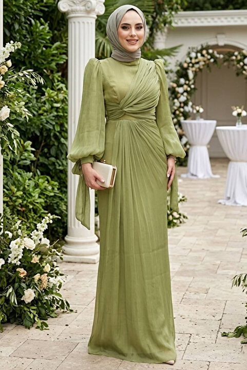 N.S NEVA STYLE Drape Detaylı Çağla Yeşili Tesettür Abiye Elbise 52285CY