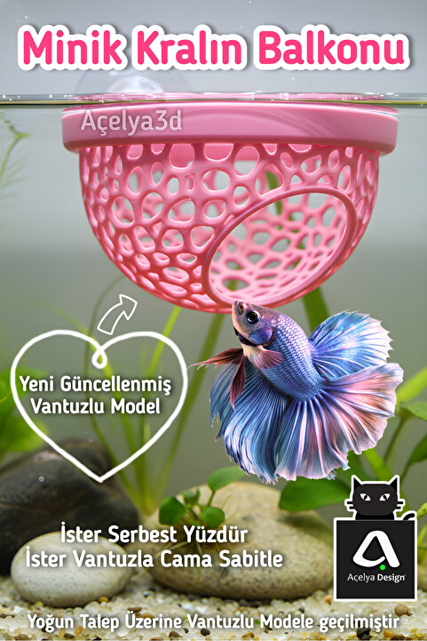 açelya3d Beta Balığı Betta Dinlenme Alanı & Üretim Yuvası – Halfmoon Köpük Yuva Destekli (Pembe Renk)