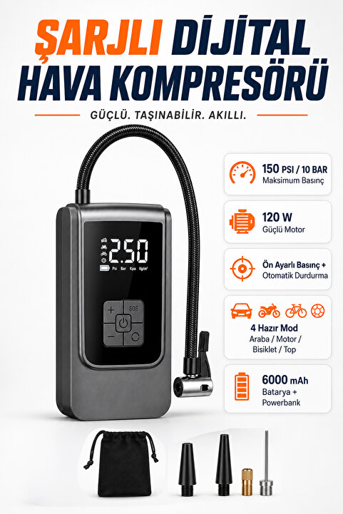 Venenon Dijital Ekranlı Şarjlı Araç Hava Kompresörü LEDli Powerbank Lastik Top Yatak Şişirme Pompası 150psi