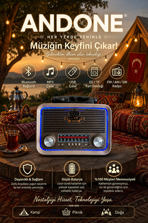 Andone And-301 Bluetooth’lu Ledli Nostaljik Görünümlü Müzik Kutusu Usb Sd Kart Radyo Mp3 Çalar