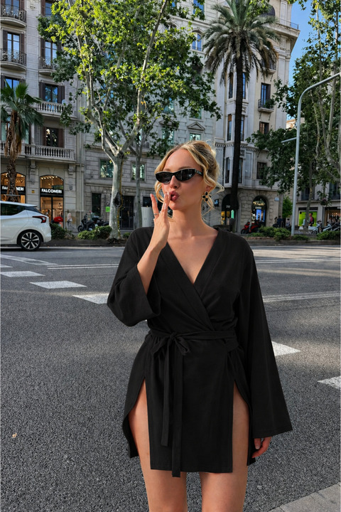 COMBİNE MİCHAİL Kadın Yazlık Basic Kuşaklı Siyah Kimono
