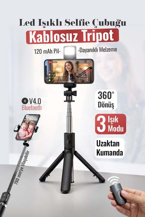 EN SİGA Led Işıklı Selfie Çubuğu Bluetooth Kumandalı Kablosuz Tripot Selfie Monopod Selfie Stick