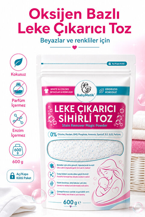 BabyMatik Çamaşır Bebek Leke Çıkarıcı Kokusuz Toz Deterjan, Kalıntı Bırakmaz, Zararlı Kimyasallar İçermez