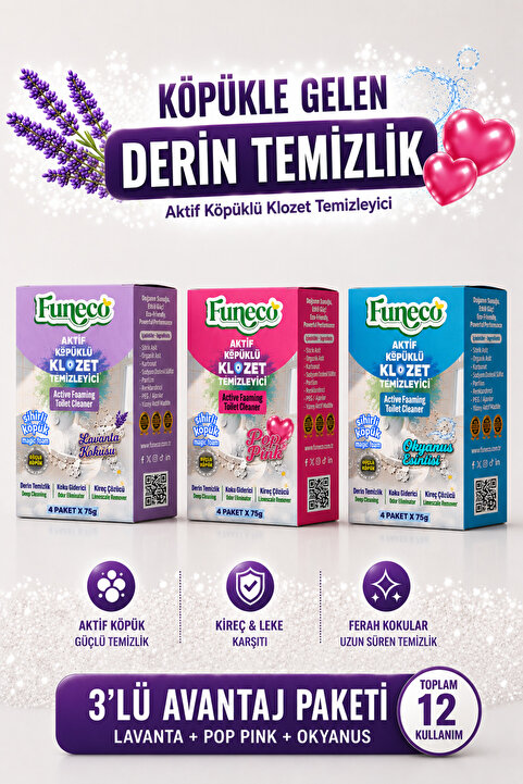 FUNECO Klozet WC Temizleyici Set, 3 Kutu-Her Kutuda 4 Paket, Lavanta, Okyanus, Pop Pink!!