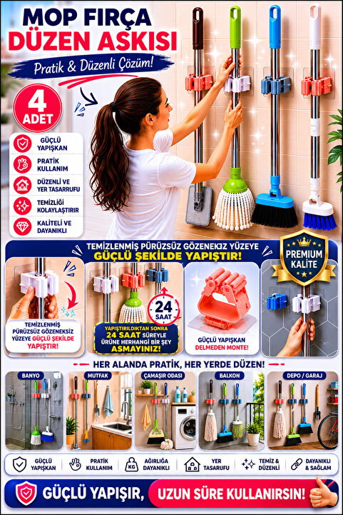 Özlem Toys 4 Adet Pratik Fırça Mop Süpürge Paspas Düzen Askısı