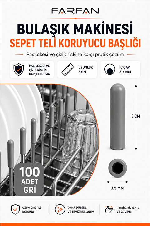 farfan 100 Adet Gri - Bulaşık Makinesi Sepet Ucu Plastik Kapak - Pas ve Çizilme Önleyici Koruyucu - Tamir Seti