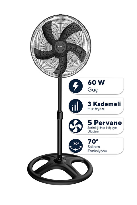 KUMTEL KTF-345 Siyah 18 İnç Ayaklı Vantilatör 60 W, 5 Pervaneli, 3 Kademeli, 132 cm
