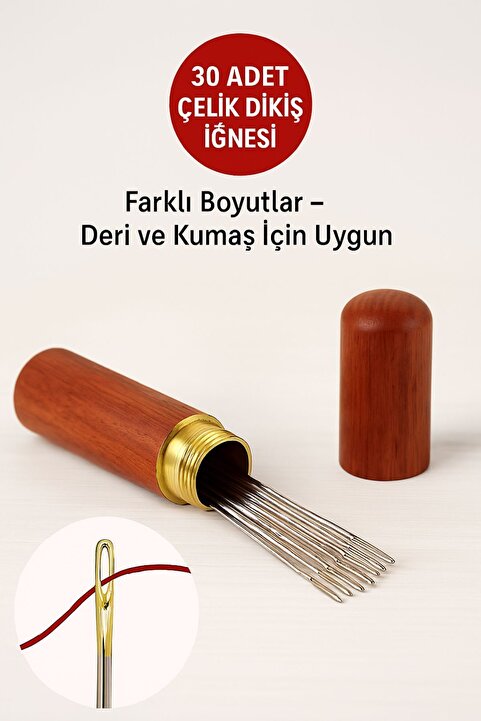 TOYFEST 30 Adet Çelik Dikiş Iğne Seti - Ahşap Kutulu, Deri-kumaş El Sanatları Için Dikiş Iğneleri