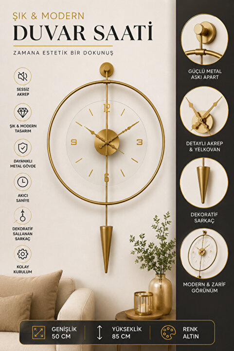 MetaQuartz Aksesuar GOLD Luxrypendulum - Kırılmaz Camlı - Modern Dekoratif Metal Duvar Saati