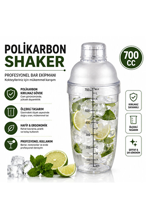 Biradlı Polikarbon Kokteyl Shaker 700 cc Ölçekli | Profesyonel Bar Shaker