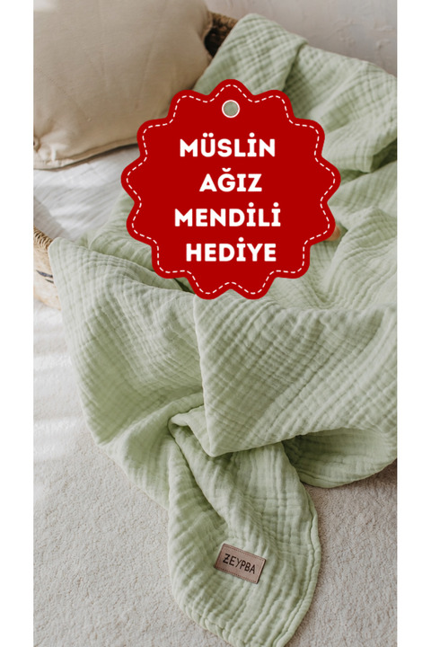 ZEYPBA %100 Pamuk 4 Katlı Müslin Örtü Kenar Dikişli Suyeşil 90x100cm