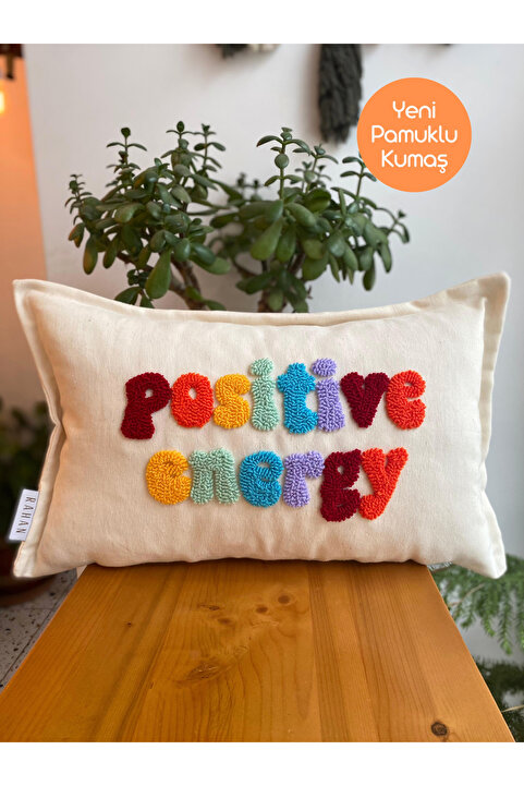 RahanDesign Positive Energy Punch İşlemeli Pamuklu Kumaş Kırlent Kılıfı - 30*50cm - Punch İşlemeli Yastık Kılıfı