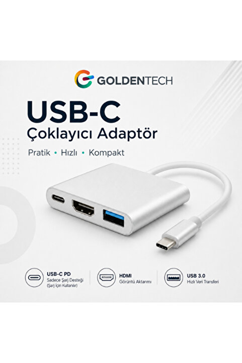 Golden Tech 3'in 1 Type-c To Hdmi 4k Usb 3.0 Dönüştürücü Adaptör