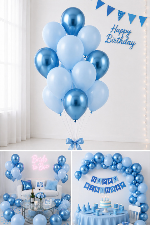 Parti Dolabı 15li Krom Mavi Ve Makaron (PASTEL MAT) Doğum Günü Parti Süsleme Balonu
