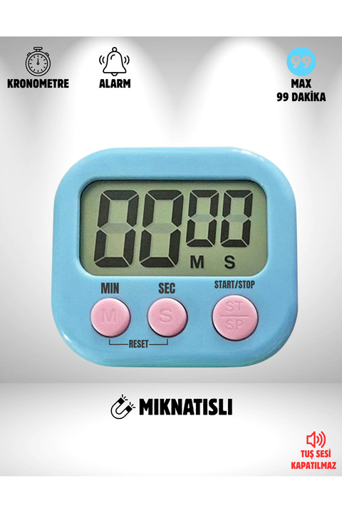 Folveit Mavi Renk Dijital Ekranlı Alarmlı Kronometre Mıknatıslı Mutfak Zamanlayıcı Maks. 99 Dakika