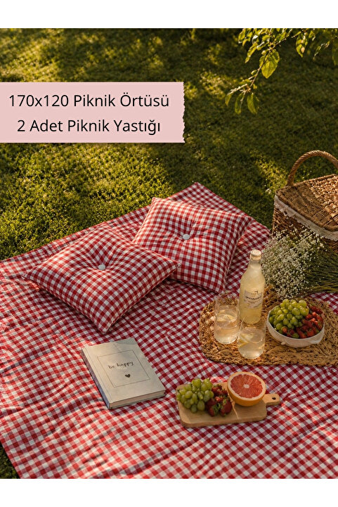 Kitchen Vogue Piknik Örtüsü Pötikare 2 Yastıklı Minderli Piti Kareli Kırmızı Bahçe Balkon Kamp Piknik