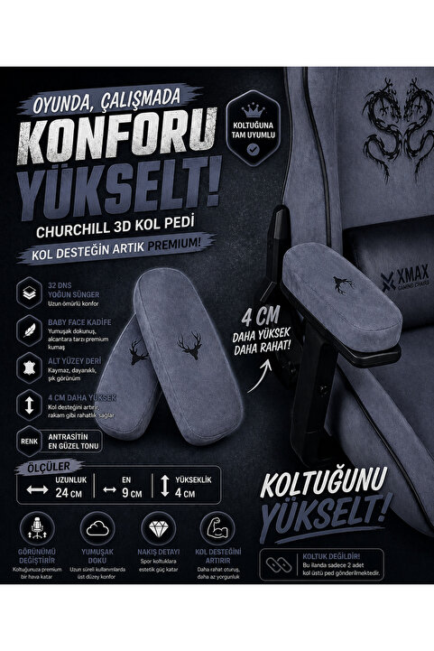 XMAX Churchill 3D Koltuk Kol Pedi Kadife Kumaş 32 DNS Yoğun Sünger Antrasit (Ergonomik Kol Destek)