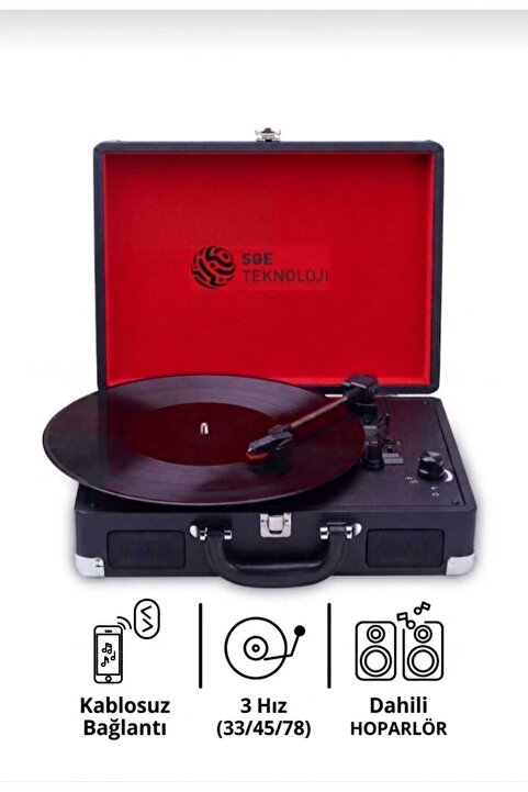 sgeteknoloji Nostaljik Hoparlörlü Çantalı Pikap&Gramafon Plak Çalar Bluetooth Aux 33/45/78