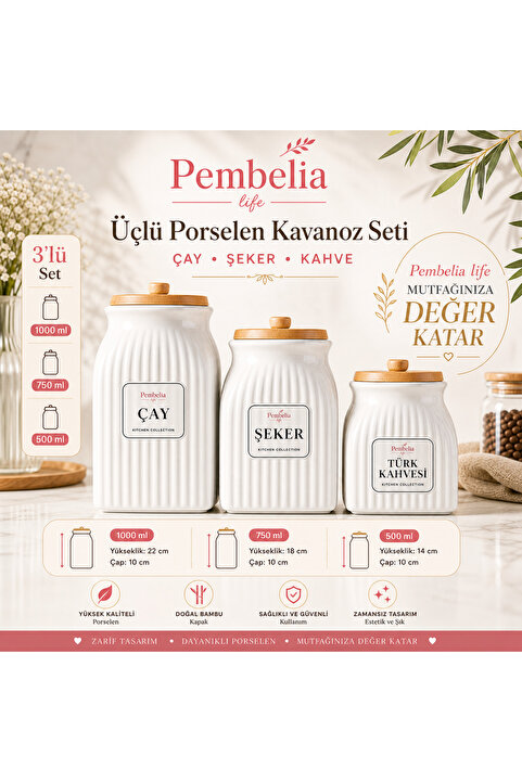 Pembelia Life 3 Boy Bambu Vakumlu Porselen Çay Şeker Kahve Kavanozu 3'lu Saklama Takımı 1000ml,750ml,500ml