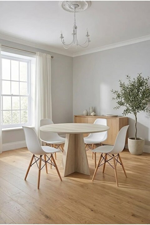 HMC DECOR Modern Yuvarlak 100cm Yemek Masası-mutfak Masası Traverten (SANDALYELER TEMSİLİDİR)