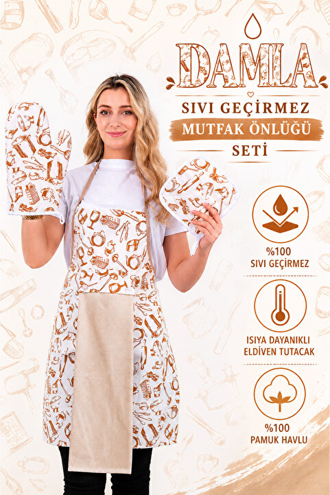 sevilya Damla Sıvı Geçirmez Su Geçirmez Mutfak Önlüğü Havlulu Mutfak Önlüğü (ELDİVEN VE TUTACAK)