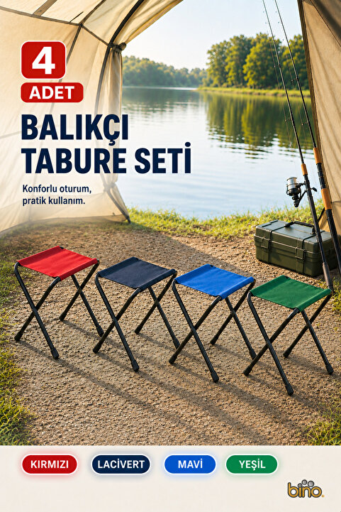Bino 4 Adet Katlanır Balıkçı Taburesi Kamp Bahçe Piknik Plaj Taşınabilir Tabure Seti