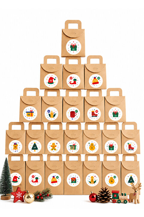 repro design Kraft Advent Calendar 24 Adet Boş Hediye Kutusu Seti 10x15x5,5 cm + 24 Adet Numara Etiketi