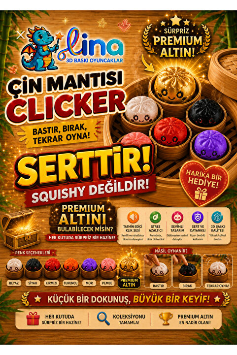 ümit toys Lina-Çin Mantısı Clicker-Sürpriz Premium Altın Figürlü Stres Oyuncağı