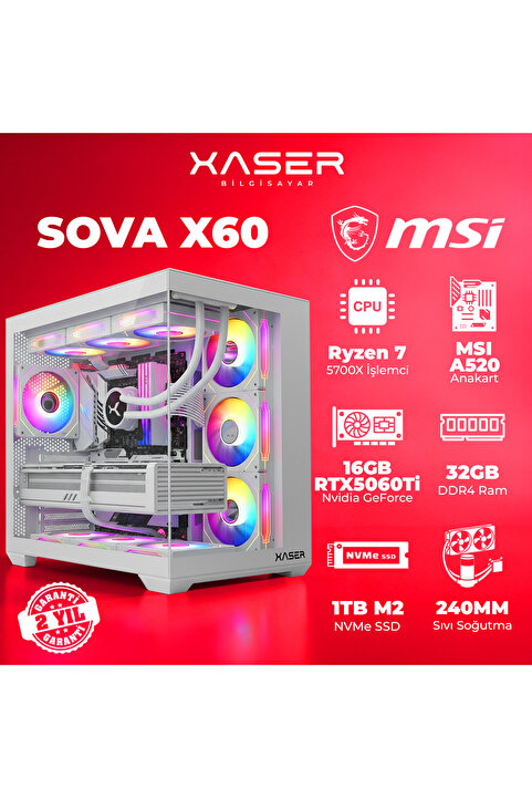 Xaser SovaX60 Ryzen 7 5700x 32GB Ram 1TB M.2 SSD 16GB RTX5060Ti Sıvı Soğutmalı Hazır Oyuncu Sistem