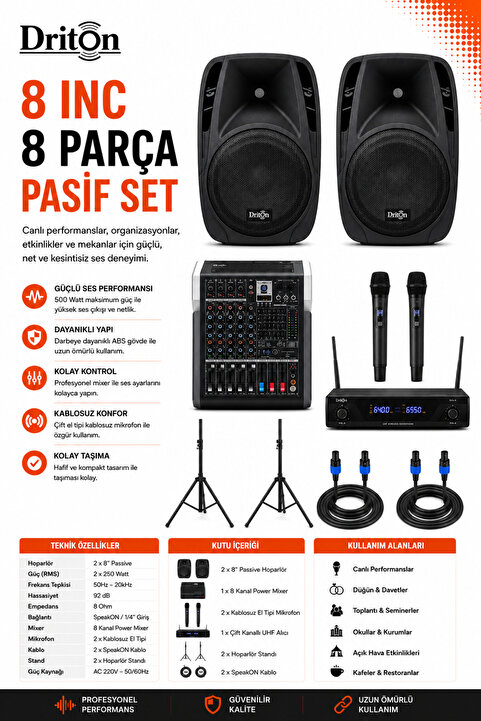 DRİTON DRT-008 8 INC 8 PARÇA PASİF HOPARLÖR SET DAVET EVİ - KINA - DÜĞÜN SALONU - OKUL VE KONFERANS