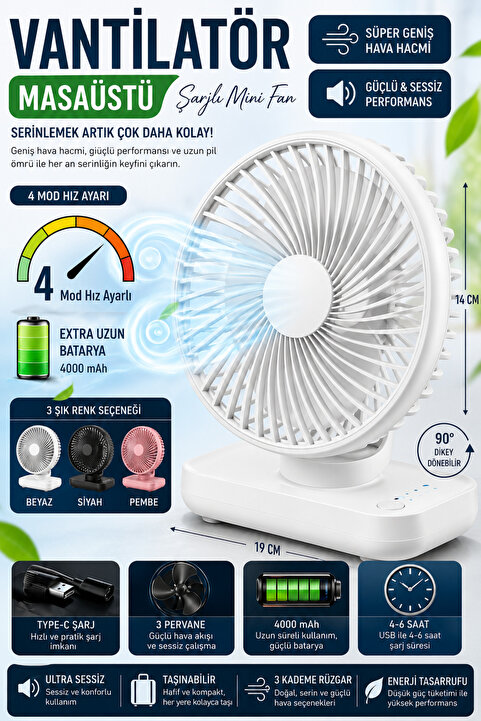nextbuy Mini Soğutucu Vantilatör Type-C Şarjlı Masa Üstü Fan Taşınabilir 4 Mod Hız Ayarlı Pervane